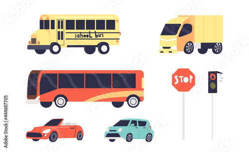 Urban transport set with vehicles, cars, street light, school bus, cargo truck van