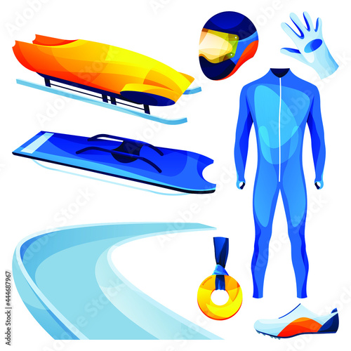 Bobsleigh or bobsledding equipment, sport tools set. Vector flat icons of sleigh or sled, track or course, shoes, helmet, gloves and bodysuit or race suit, medal. High-speed winter racing game.