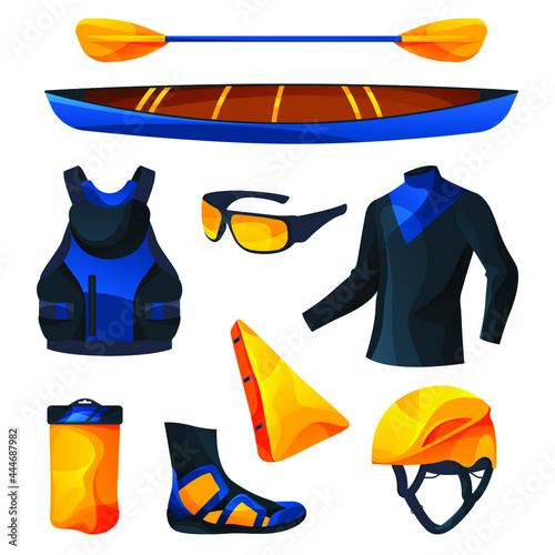 Canoeing or kayaking equipment, sport tools set. Vector flat icons of canoe or kayak with paddle, buoyancy aid, helmet, waterproof jacket, shoe, glasses. Summer sport or recreational activity.