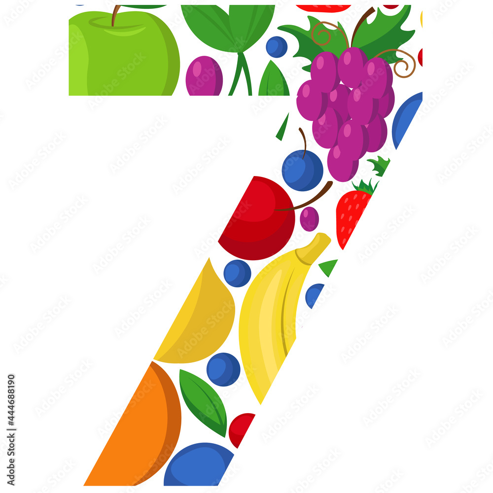 The vector number 7 is made of ripe fruit. An illustration on the topic of numbers and counting. The vector number 7 is made of ripe fruit. An illustration on the topic of numbers and counting.