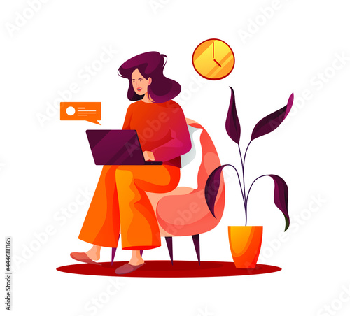 Woman or person have a rest and work at home. Cartoon character working online remote or outsourcing. Work and recreation, freelance theme. Domestic lounge zone, relax.