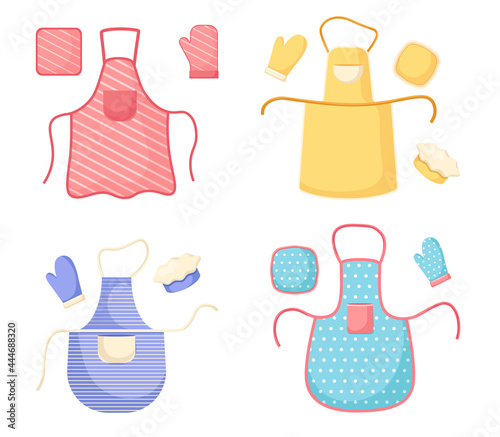 Set of Chef Aprons, Glove and Toques, Cook Uniform. Kitchen Bibs or Pinafore with Front Pocket and Strings, Garment