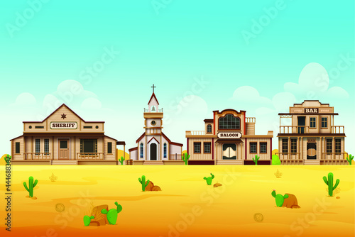 Western countryside landscape or street view. Horizontal background or backdrop of wild west desert with cactuses and old wooden buildings. Vector cartoon illustration of western city scenery.