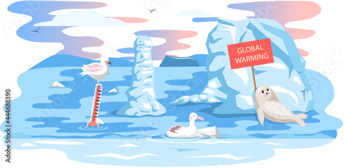 Wild animals suffer from rising temperature of planet. Polar animals ask for help during global warming. Melting glaciers due to global warming in Antarctica. Polar birds and seal lie on melting ice