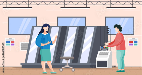 Colleagues working in typography are communicating. People work with equipment for print house. Print shop services, printing process. Printing company employees working with machine in printshop