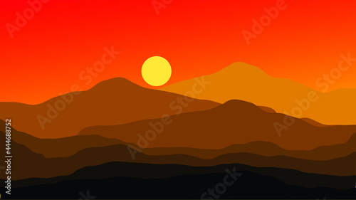 Vector landscape with silhouette of the evening sky sunset in the mountains