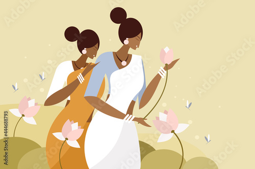 Illustration of women wearing traditional dress plucking lotus flowers from a lotus pond