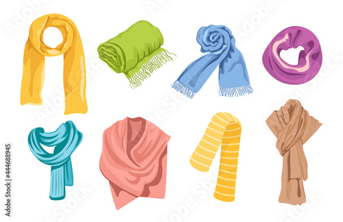 Set of Colorful Scarves Isolated on White Background. Different Kerchiefs, Shawls, Textile Accessories for Cold Weather