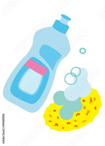 A bottle of dishwashing liquid and a sponge with foam
