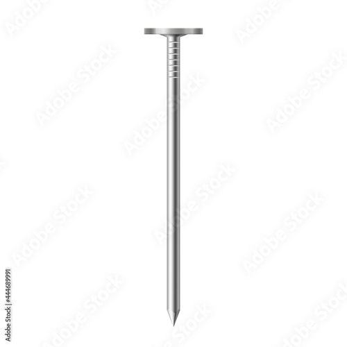 Metal nail with round steel cap side view on white background. Realistic carpentry tool icon