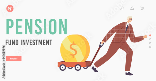 Pension Fund Investment Landing Page Template. Business Growth, Wealth or Prosperity. Businessman Character with Trolley