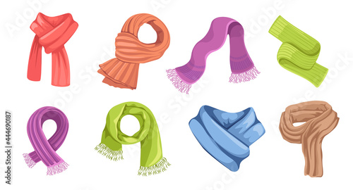 Set of Textile and Knitted Scarves of Different Design and Colors. Colorful Kerchiefs Isolated on White Background