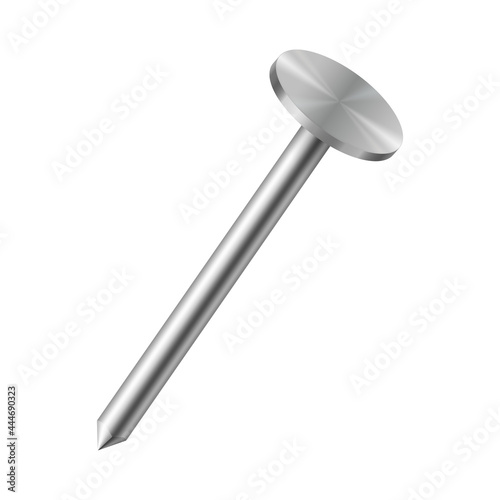 Realistic metallic nail isolated on white background. Iron metal hardware spike with steel pin head