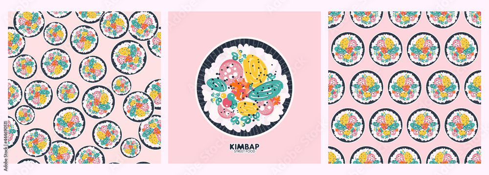 Korean street food. Kimbap, also known as gimbap. Seamless patterns and ...