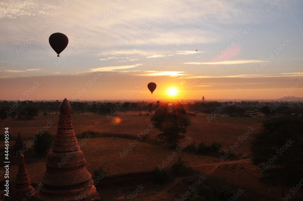 View cityscape of Bagan or Pagan ancient city and landscape UNESCO World Heritage Site with over 2000 pagodas temples and balloon flying bring traveler look aerial view in Mandalay of Myanmar or Burma