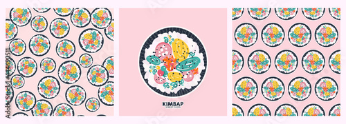 Korean street food. Kimbap, also known as gimbap. Seamless patterns and print set. Vector illustration