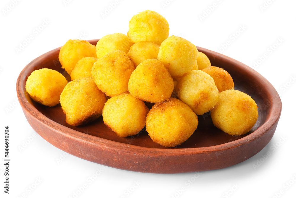 Plate with fried potato balls on white background Plate with fried potato balls on white background