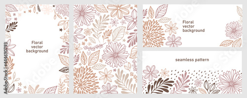Set of universal hand drawn floral template for cover. Home decor, backgrounds, cards. Children abstract and floral design in doodle style. Vector illustration and seamless pattern