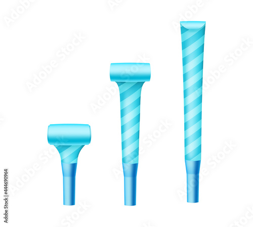 Blue party whistles set, colorful blower noisemakers for decoration and surprise event celebration