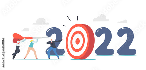 2022 New Year Goal Achievement Concept. Tiny Business Characters Throw Huge Darts into Target, Office Worker Opportunity