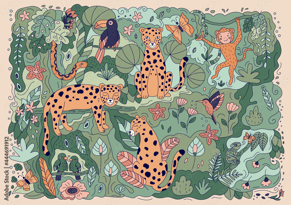 Obraz premium Doodle jungle background with hand drawn leopard, snake, monkey, parrots, toucan, humminbird, chameleon and butterfly. Cartoon animals. Vector illustration for posters and greeting cards.