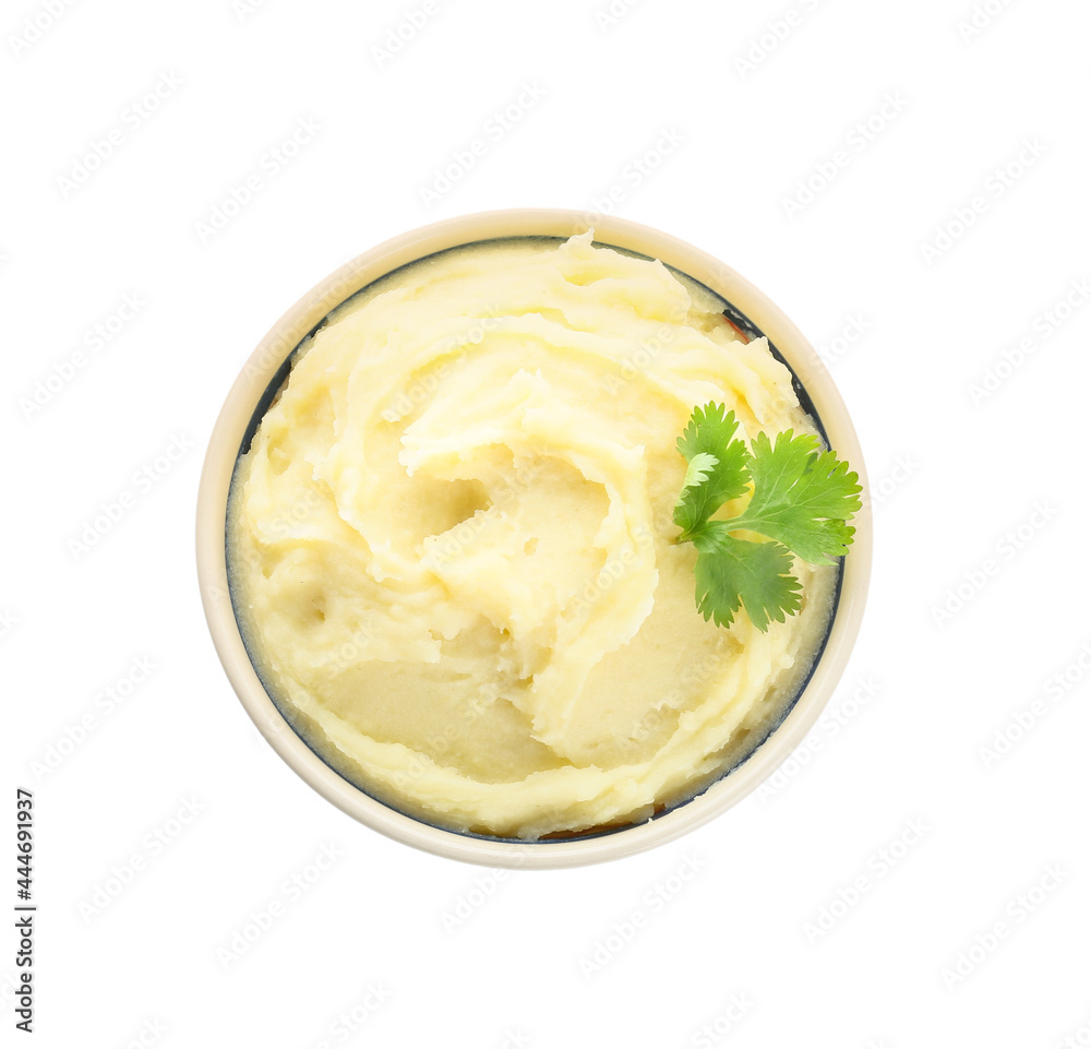 Bowl with tasty mashed potatoes on white background