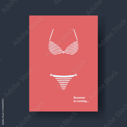 Summer card vector template with minimal design illustration. Symbol of vacation, relax. Woman bikini symbol.