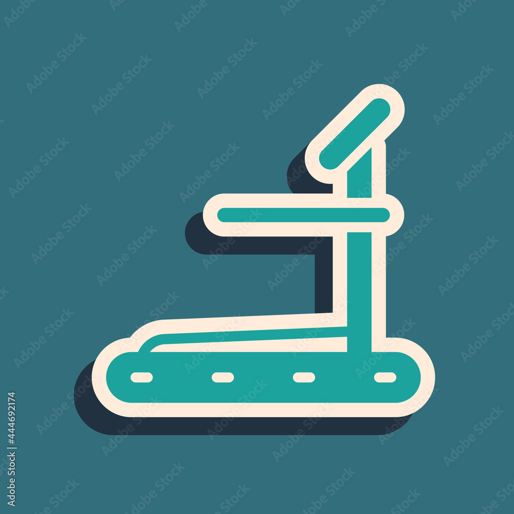 Green Treadmill machine icon isolated on green background. Long shadow style. Vector Green Treadmill machine icon isolated on green background. Long shadow style. Vector