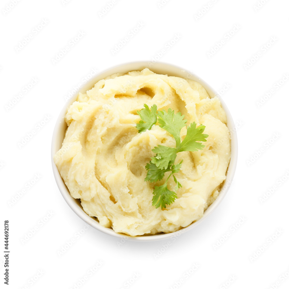 Bowl with tasty mashed potatoes on white background Bowl with tasty mashed potatoes on white background