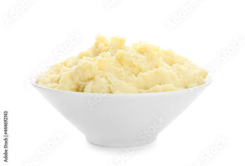 Photography Bowl with tasty mashed potatoes on white background