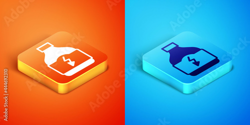 Isometric Sports nutrition bodybuilding proteine power drink and food icon isolated on orange and blue background. Vector