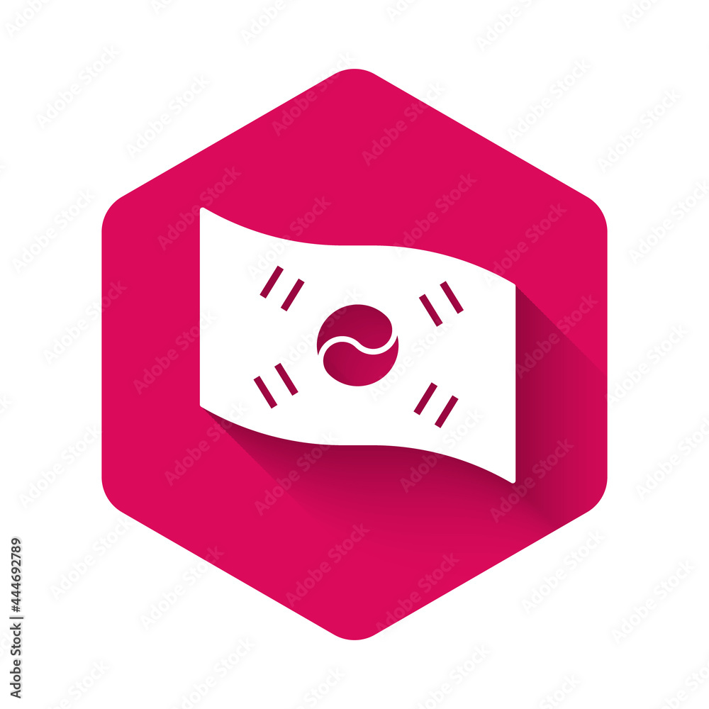 White South Korea flag icon isolated with long shadow background. Pink hexagon button. Vector White South Korea flag icon isolated with long shadow background. Pink hexagon button. Vector
