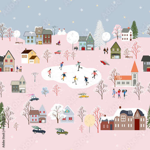Seamless pattern Cute Winter wonderland in the town with fairy tale house,pine tree, kids playing ice skate,Vector repeat flat design in village people celebration on Christmas,Holiday background 2022
