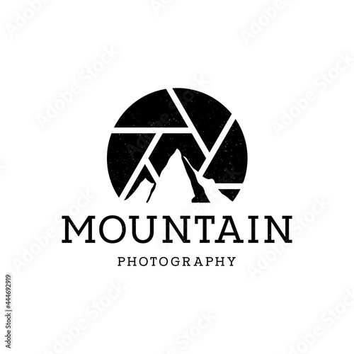 Mountain Landscape with Symbol Lens for Outdoor Nature Photography Adventure Photographer Logo Design