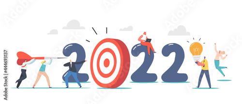 Business Characters Throw Huge Darts into Target, 2022 New Year Goal Achievement Concept. Office Workers Career Boost