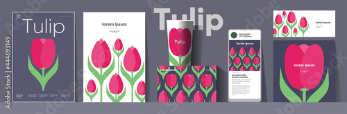 Flowers and plants. Tulip. Corporate identity. Set of vector illustrations. Floral background pattern. Design of cup, poster, banner, packaging, price tag and cover. #444693149