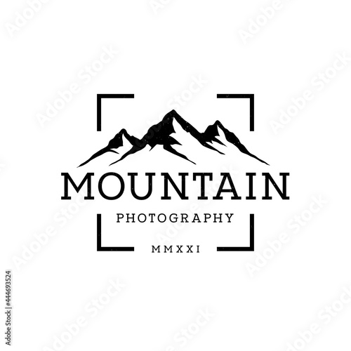 Mountain Landscape with Focus Square Lens Frame for Adventure Outdoor Nature Photography Photographer Logo Design