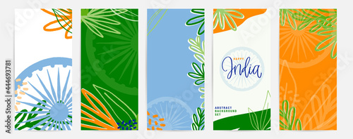 India flag colours abstract flyer set with botanical graphic elements, hand-drawn Ashoka Chakra wheel. Independence day, national holiday promotional materials.