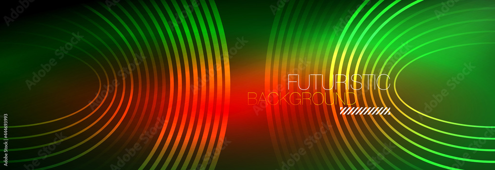 Dark abstract background with glowing neon circles. Trendy layout template for business or technology presentation, internet poster or web brochure cover, wallpaper