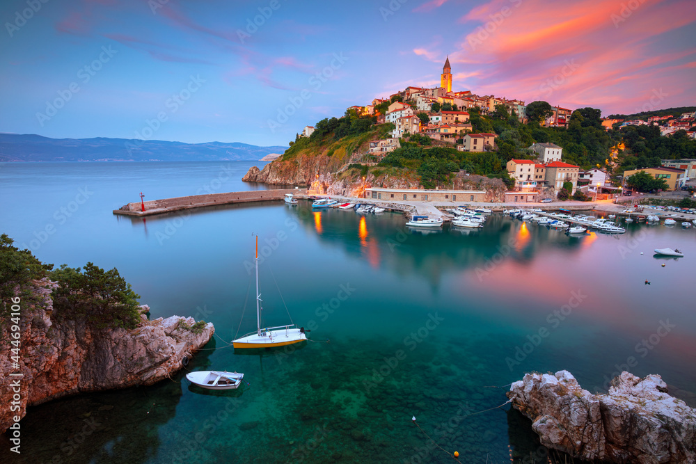 Vrbnik, Croatia. Aerial cityscape image of iconic village of Vrbnik, Croatia located on Krk Island at summer sunset.