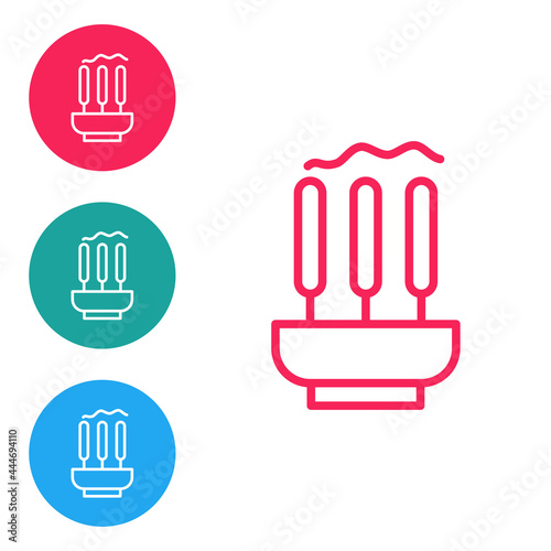 Red line Burning aromatic incense sticks icon isolated on white background. Set icons in circle buttons. Vector