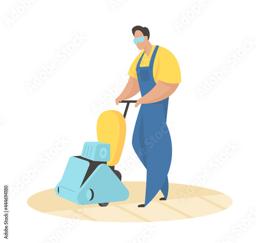 Master with floor polisher. Removing old layers paint and wood. Male character in uniform carefully driving tool over old parquet floor. Carpentry myself and repairs. Vector flat illustration