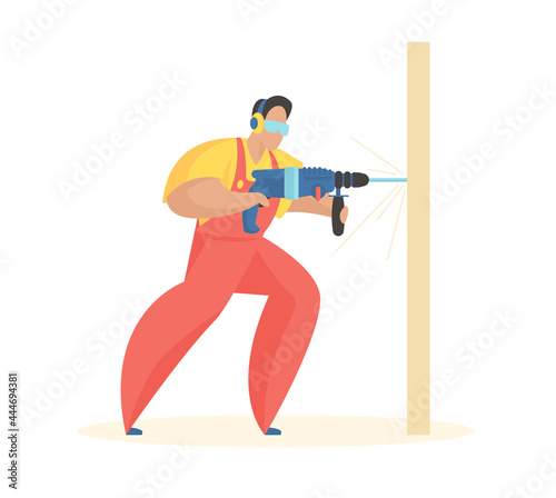 Man with electric drill. Fast punching holes for fasteners and self tapping screws. Uniformed carpenter with powerful tool drills holes in wooden plank. Renovation and furniture creation