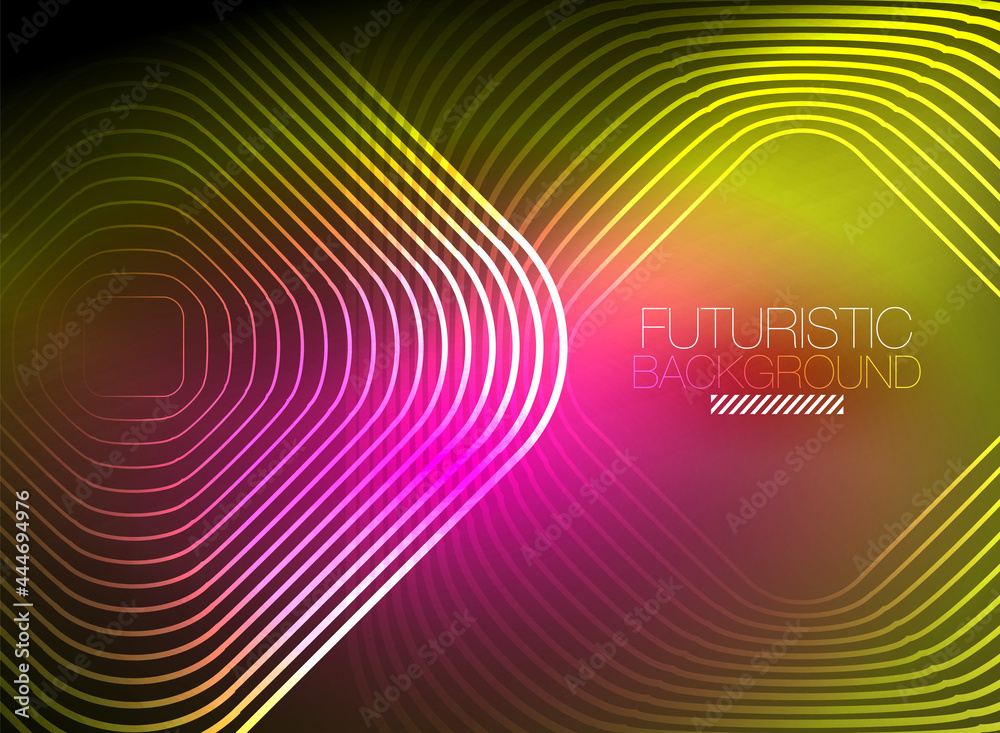 Neon color square shape lines abstract background. Shiny magic energy and motion concept, vector abstract wallpaper background