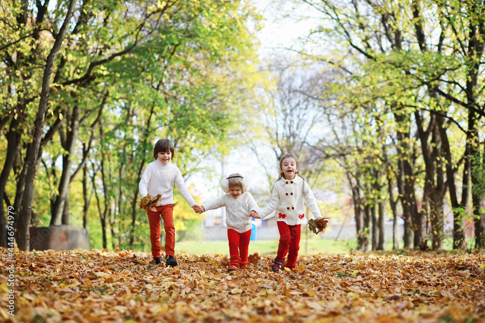 Children for a walk in the autumn park. Leaf fall in the park. Family. Fall. Happiness. Children for a walk in the autumn park. Leaf fall in the park. Family. Fall. Happiness.