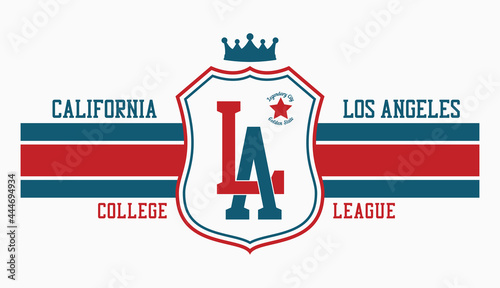 LA t-shirt design with shield and crown. Los Angeles, California typography graphics for college tee shirt. Vector illustration.