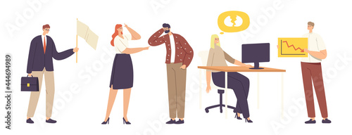 Set of Male Characters Losers. Businesswoman Deleted Important Data from Computer, Hater Laughing on Upset Man