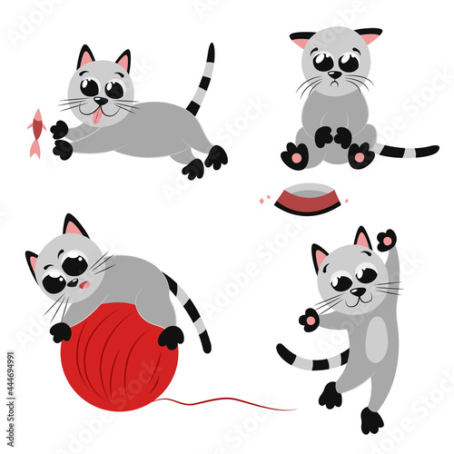 Fototapeta Naklejka Na Ścianę i Meble -  A set of cute little kittens. Collection with games and various activities of cats. Cool mascot character for vet clinic, pet shop. Prints for the design of the nursery, baby shop, children's cafe