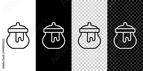 Set line Jar of honey icon isolated on black and white, transparent background. Food bank. Sweet natural food symbol. Vector