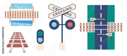 Railroad Tracks Icons, Straight and Curved Road Top and Perspective View, Barrier and Signs. Transportation Rail Road